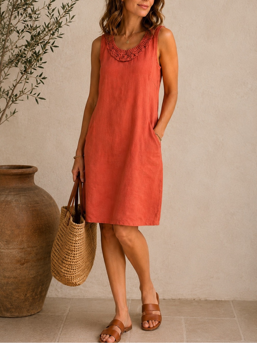 Italian Linen Dress L Coral Terracotta Sleeveless Pocket Resort Wear